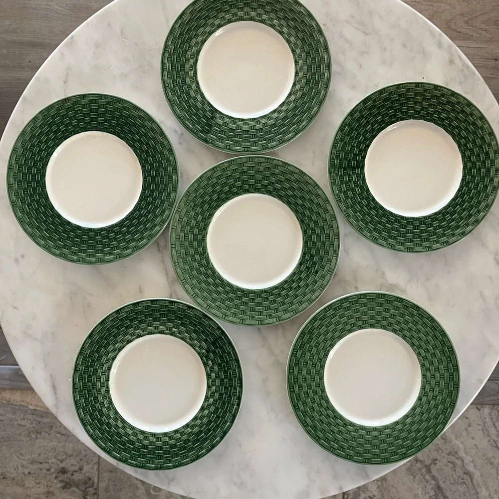 Pier 1 Stackable Coffee Mug & Basket Weave Green/white Saucer Set Of 6 Italy